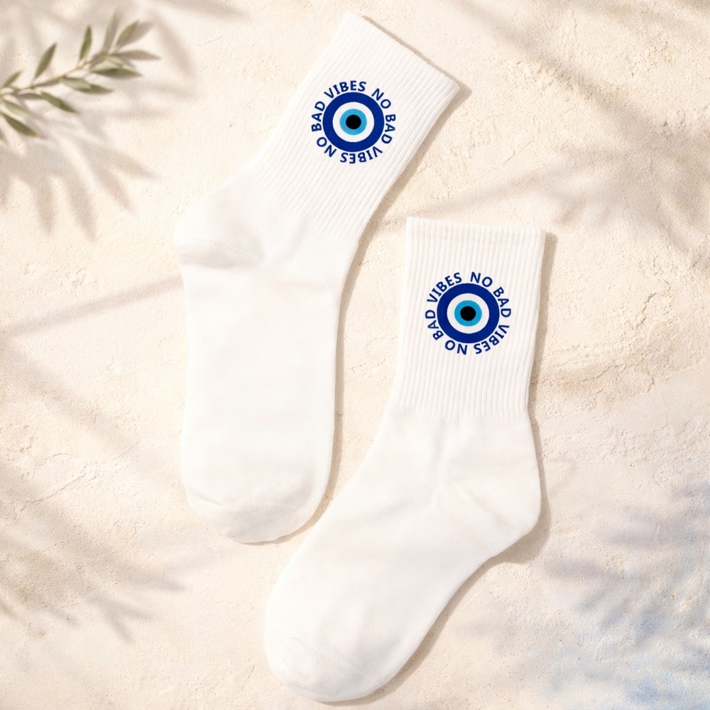 No Bad Vibes White Crew Socks with Blue Eye Graphic